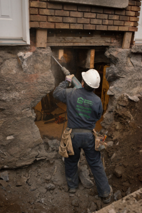 A worker creating an opening in the foundation